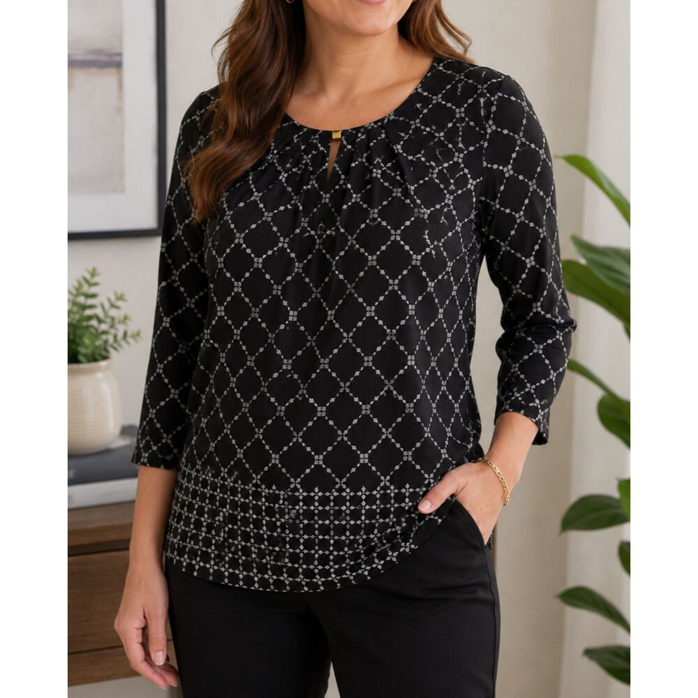 Liz Claiborne Petite Blouse PXL Black Geometric Career 3/4 Sleeve Top